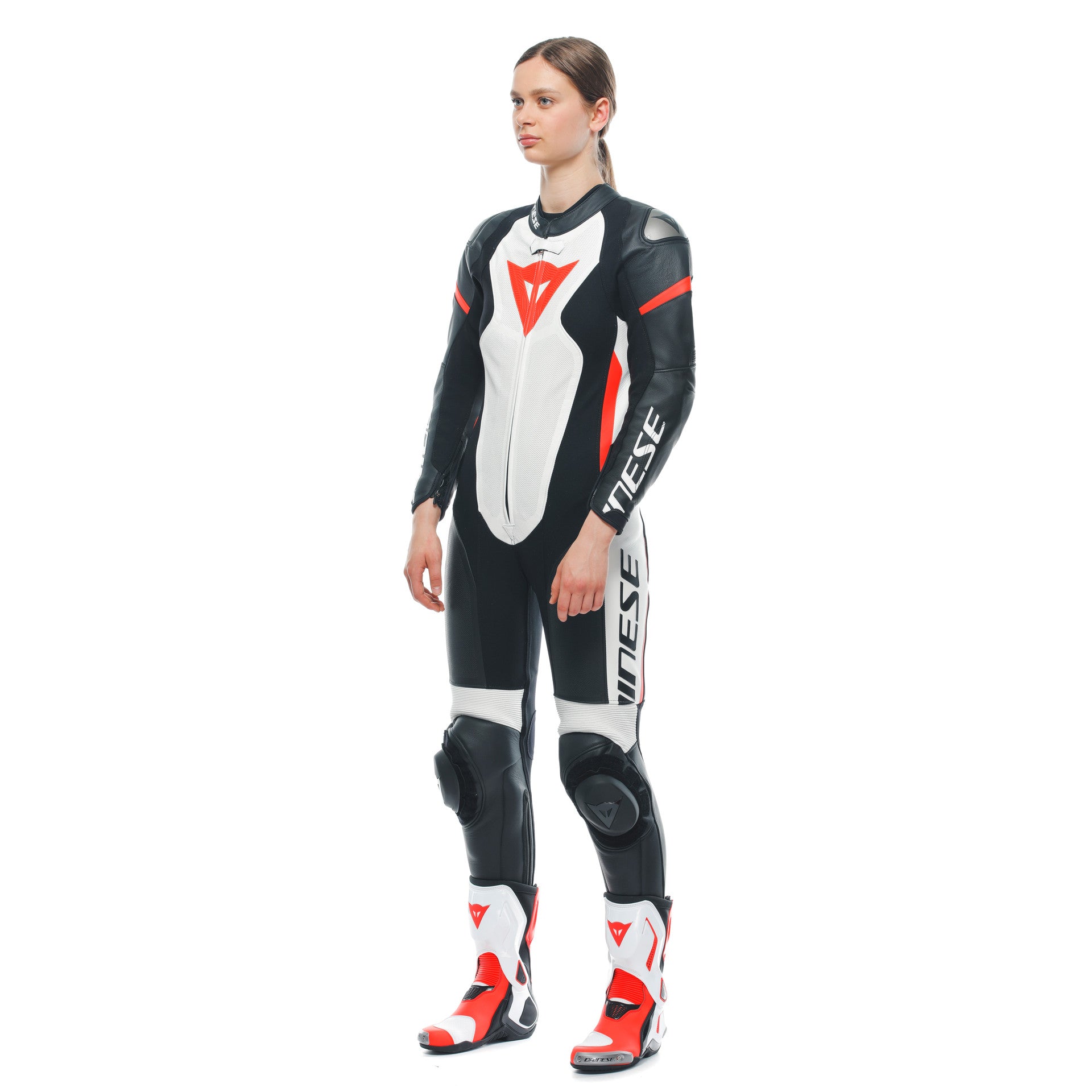Dainese Grobnik Lady Mono de cuero – Traje de carrera perforado | Mujeres | Blanco/Rojo 