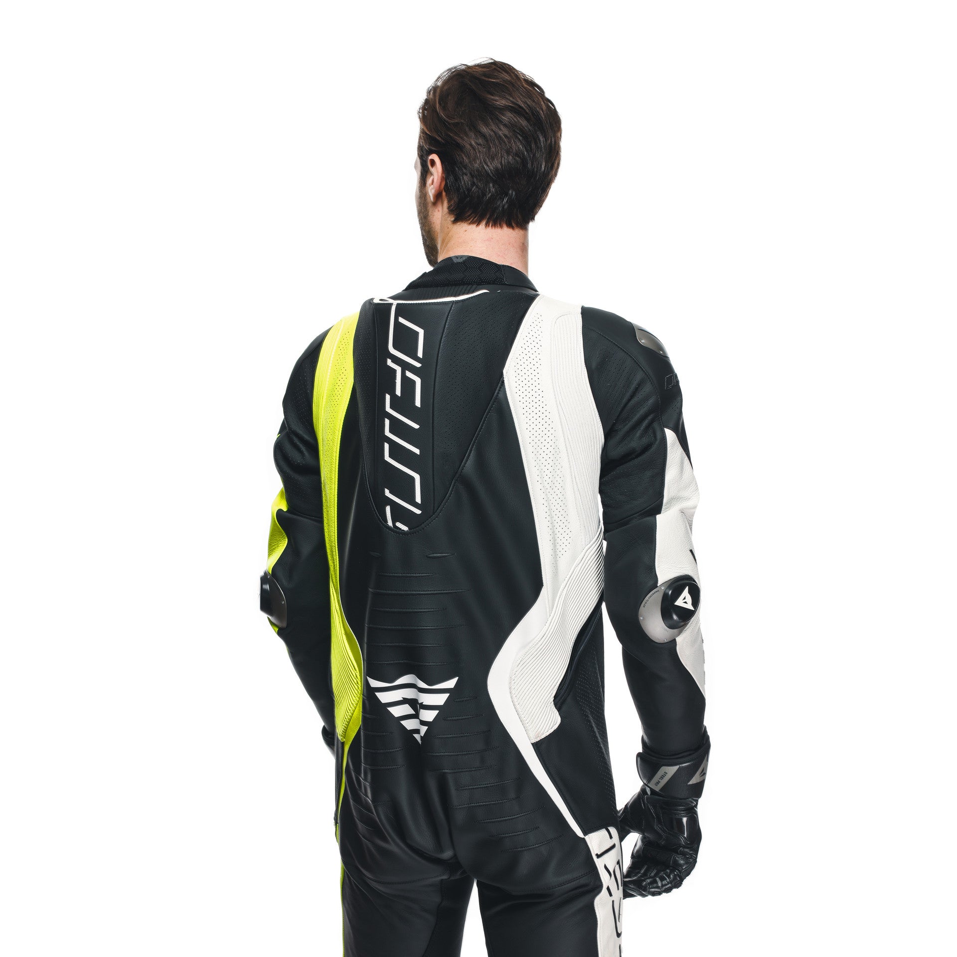 Dainese Audax D-ZIP Mono de cuero – Traje de carreras perforado | Hombre | Negro/Amarillo Neón 