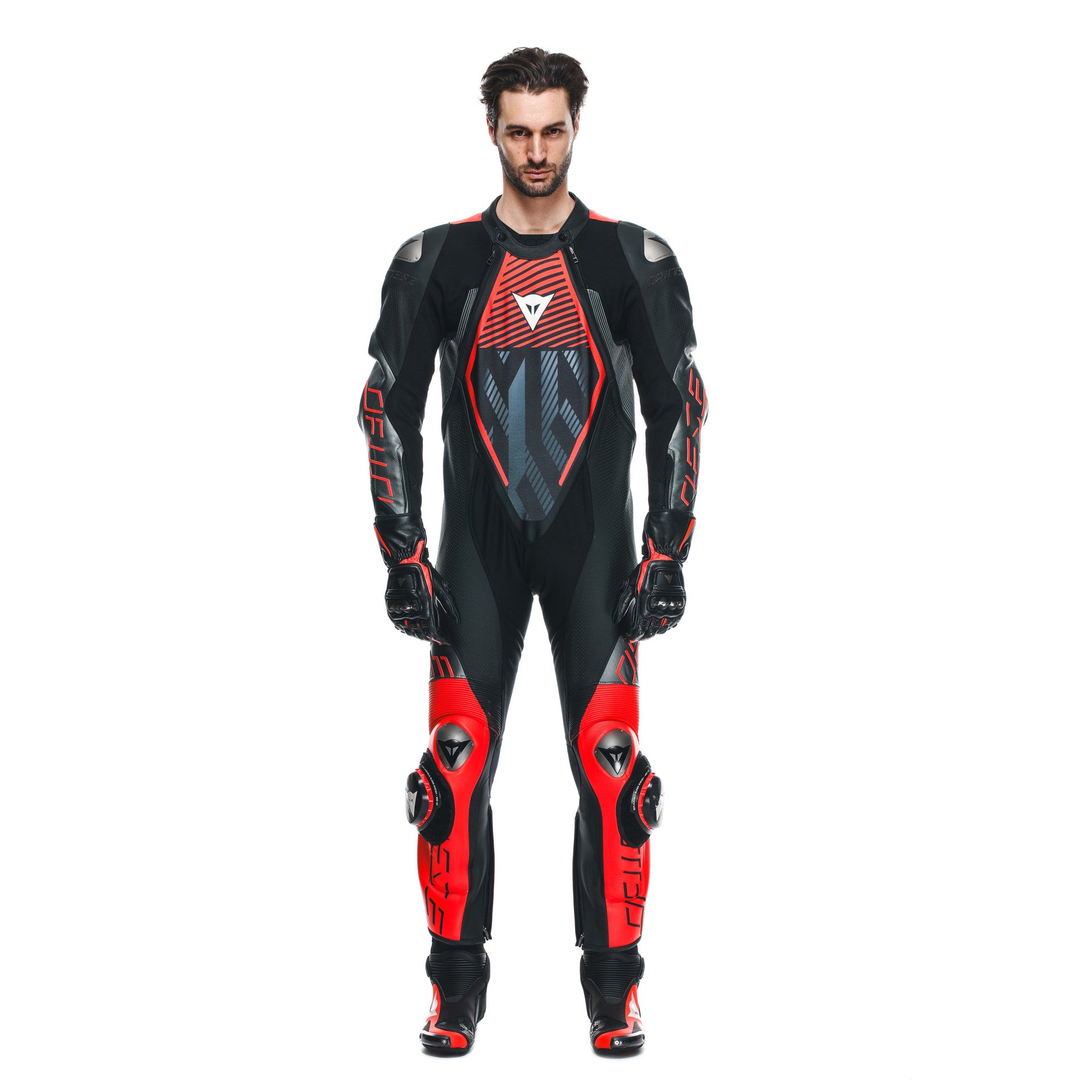 Dainese Audax D-ZIP traje de cuero de una pieza – Mono de carrera perforado | Hombres | Negro/Rojo 