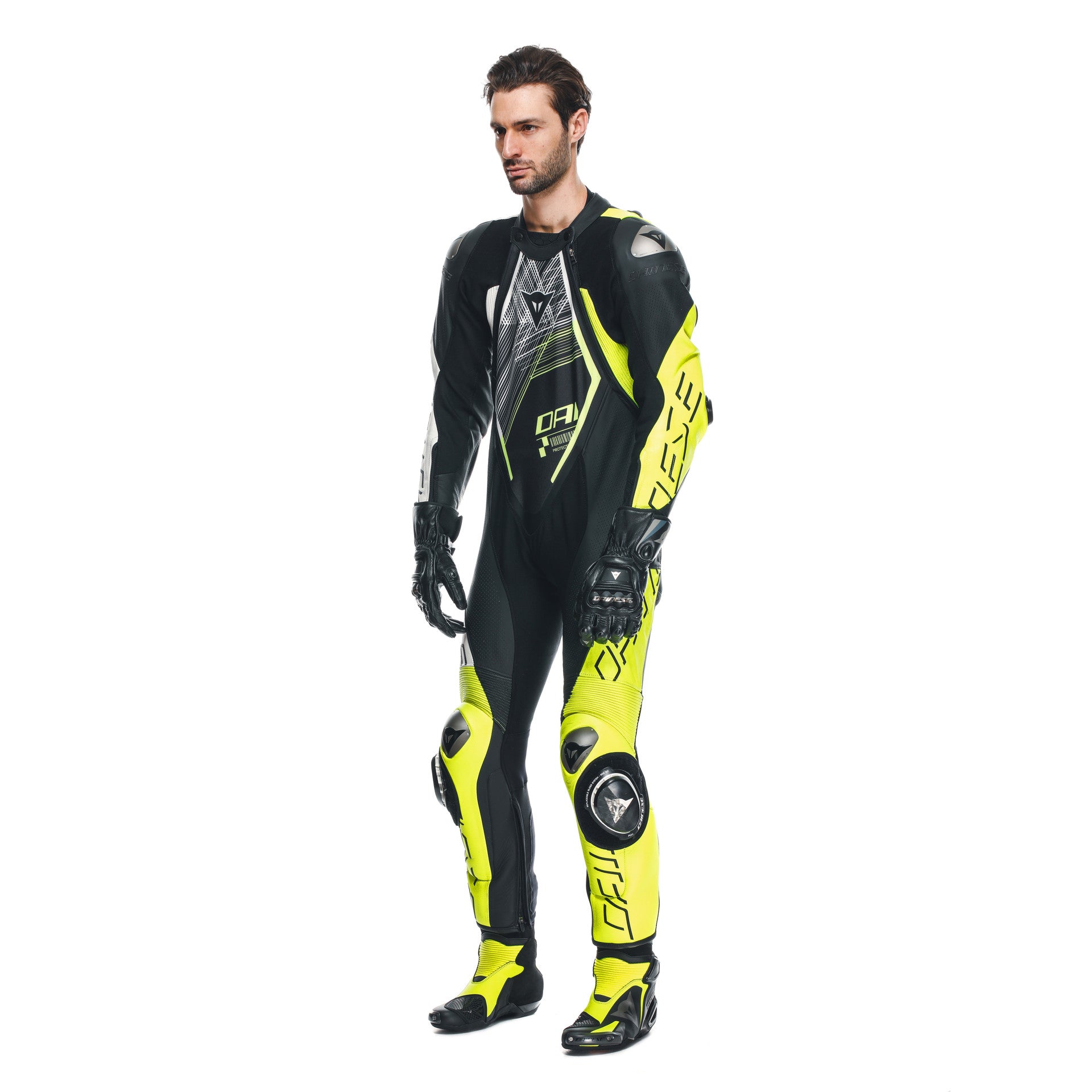 Dainese Audax D-ZIP Mono de cuero – Traje de carreras perforado | Hombre | Negro/Amarillo Neón 