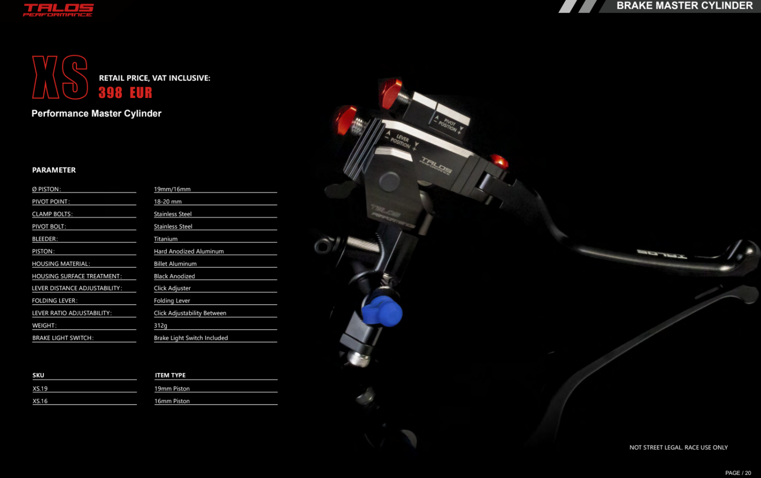 Talos CNC XS Radial Racing Bomba de freno 16x18-20 | XS.16 