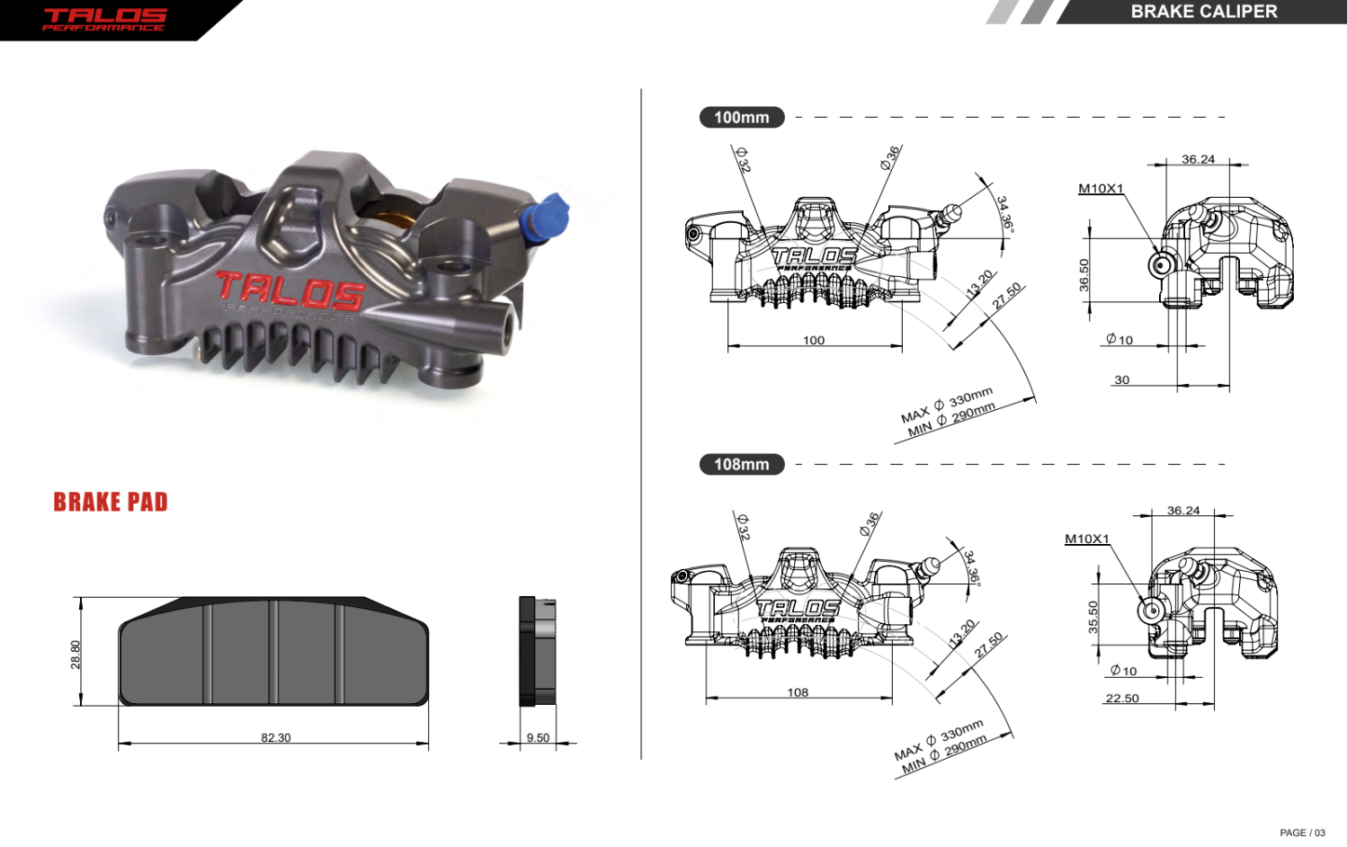 Talos X75 SBK Racing Monoblock P4 32/36 100mm pinza de freno delantera izquierda | X75.100.HD.L 