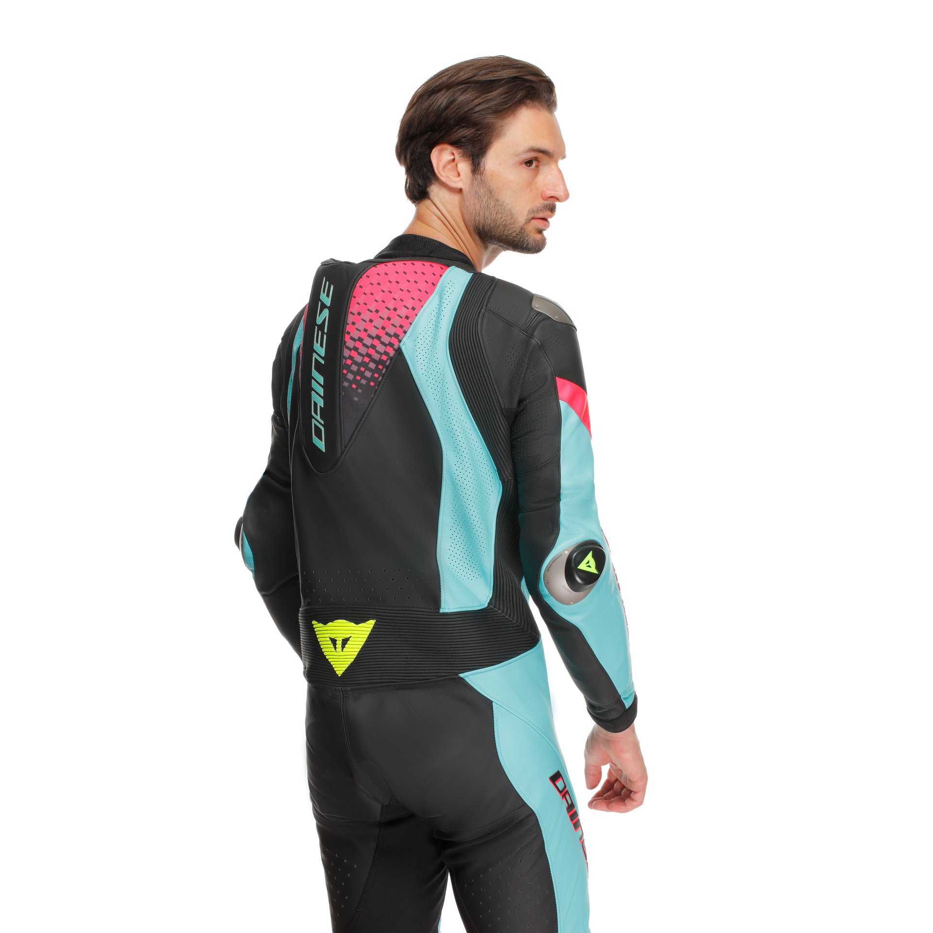Dainese Laguna Seca 6 Mono de cuero – Traje de carreras perforado | Hombre | Turquesa/Rosa/Amarillo neón 