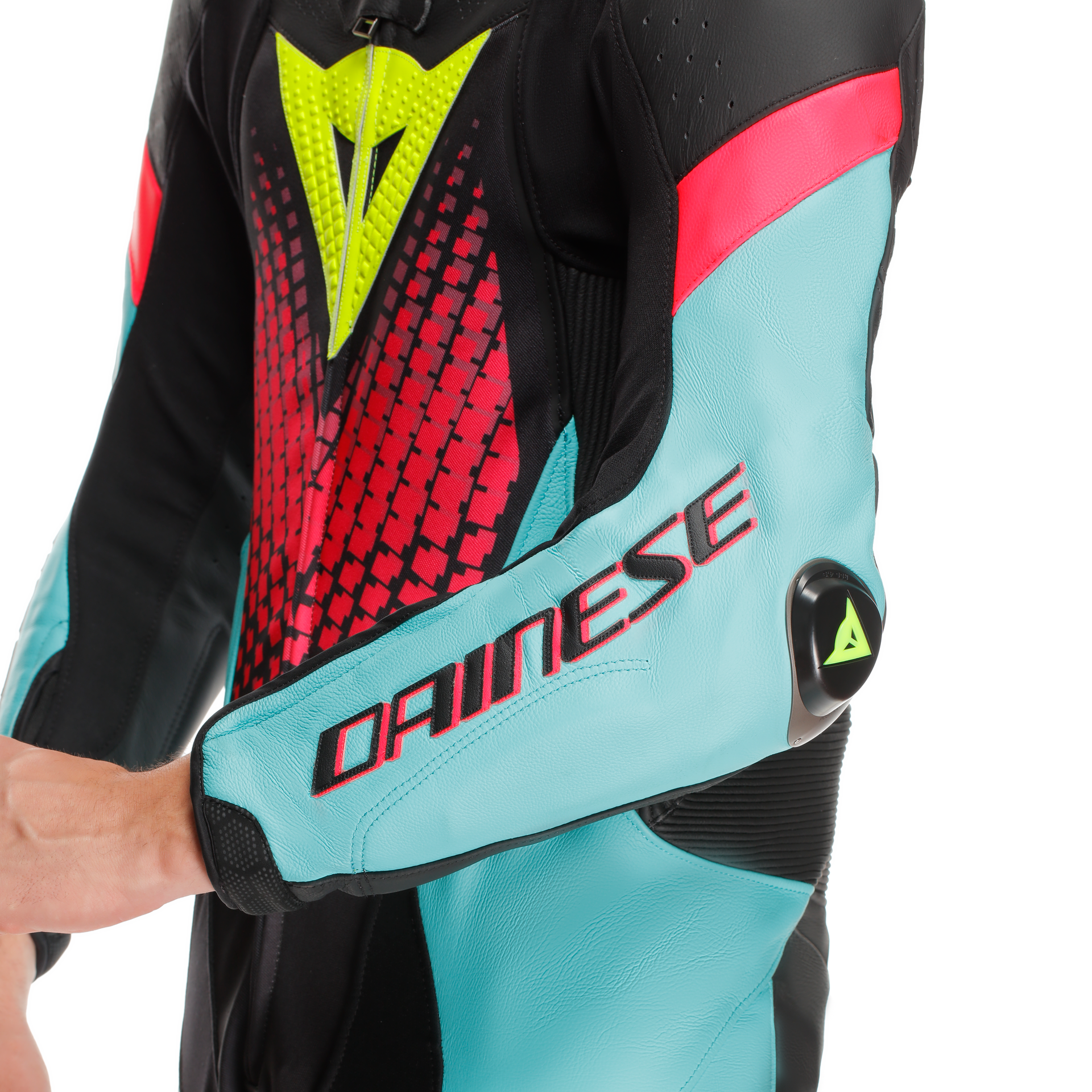 Dainese Laguna Seca 6 Mono de cuero – Traje de carreras perforado | Hombre | Turquesa/Rosa/Amarillo neón 
