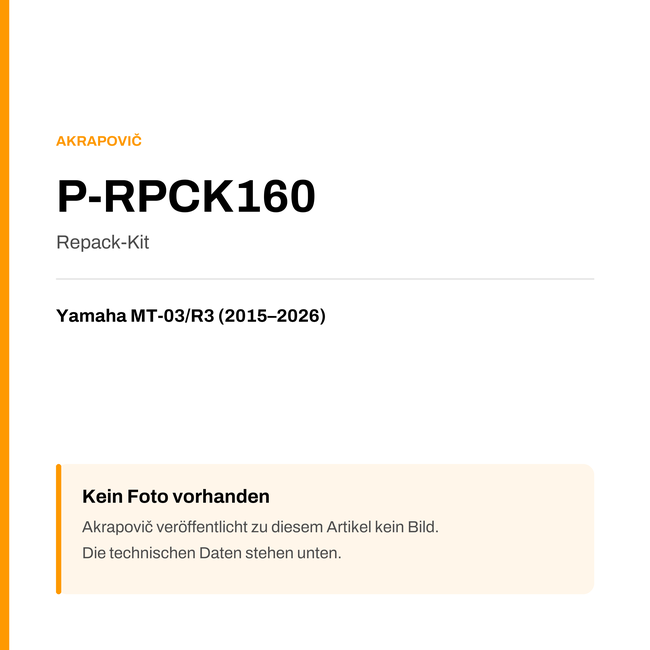 Akrapovic Repack-Kit Yamaha MT-03 / R3 (15-26) P-RPCK160 — Platzhalter, kein Herstellerfoto verfügbar