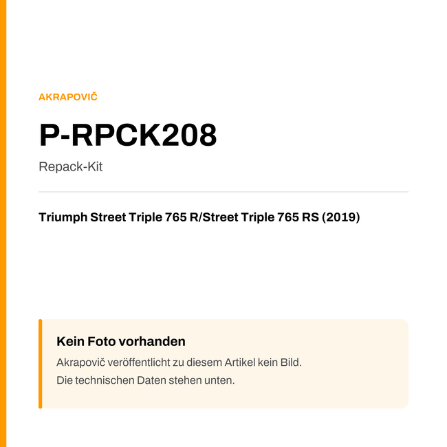 Akrapovic Repack-Kit Triumph Street Triple 765 R / Street Triple 765 RS (19-19) P-RPCK208 — Platzhalter, kein Herstellerfoto verfügbar