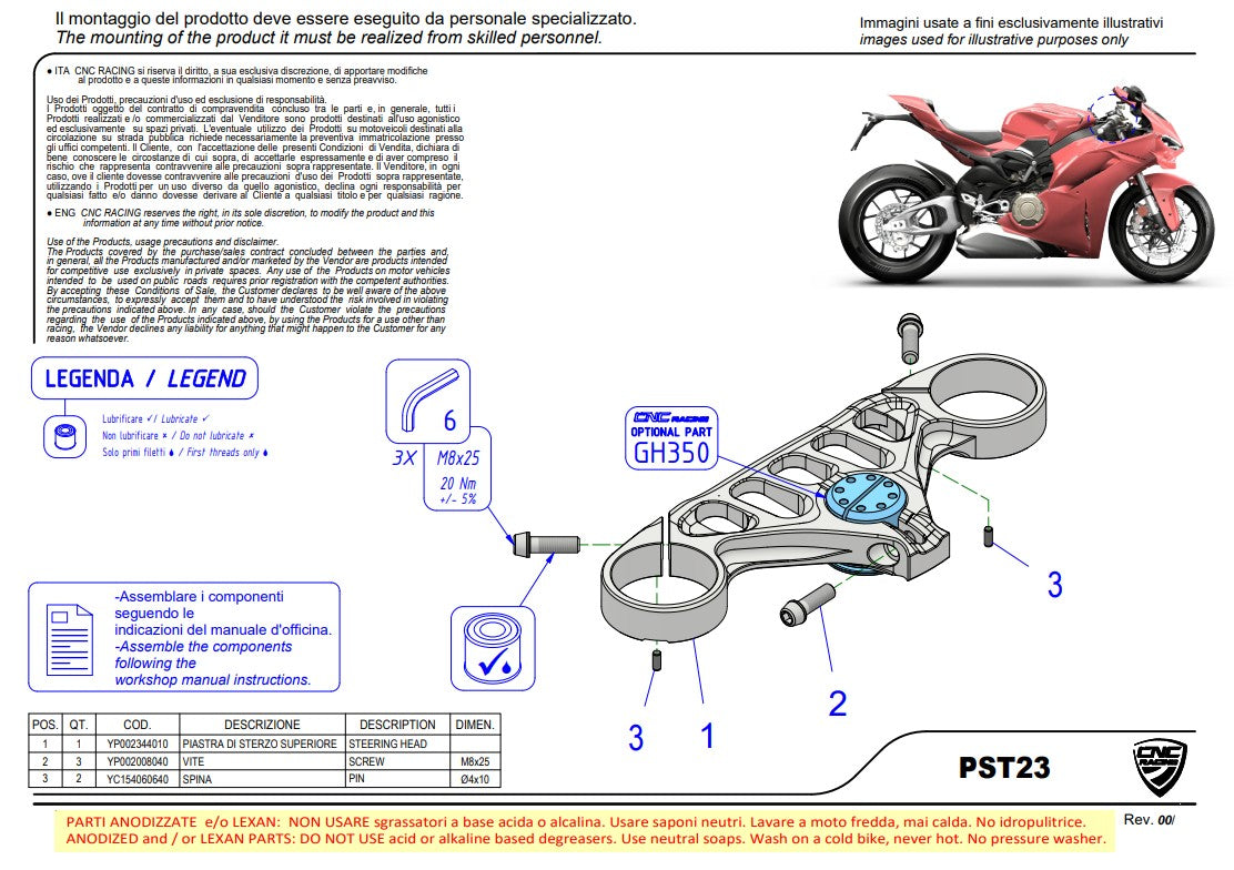 Puente de horquilla (SUPERIOR) CNC Racing Ducati Panigale V4/S (2025) PST23BR 