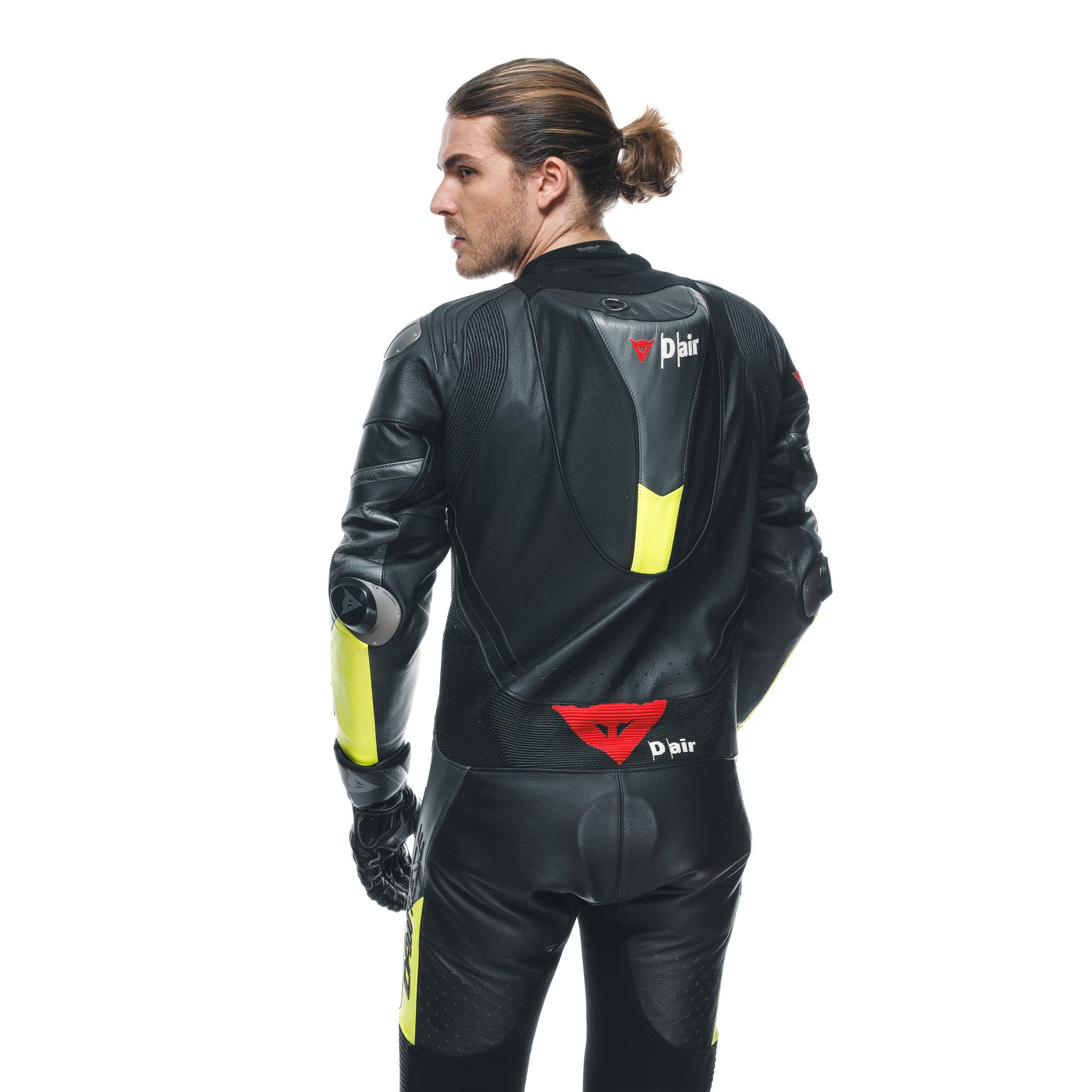 Dainese Misano 3 D-AIR® Mono de cuero – Traje de carreras con airbag perforado | Hombre | Negro/Amarillo neón 