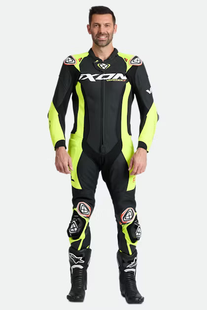IXON Vortex 3 monoentrepieza Mono de cuero – Mono de carreras perforado | Hombre | Negro/Neón amarillo 