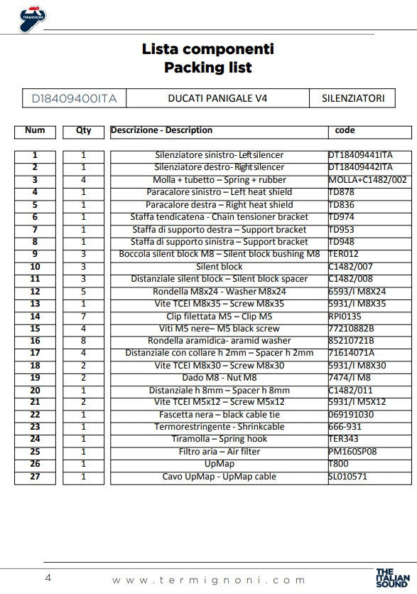 Kit de Escape Slip-On Termignoni para Ducati Panigale V4/S/R (18-24) D18409400ITA 