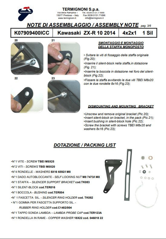 Sistema de escape completo de acero inoxidable Termignoni para Kawasaki ZX-10 R/RR (16-20) K07909400ICC 