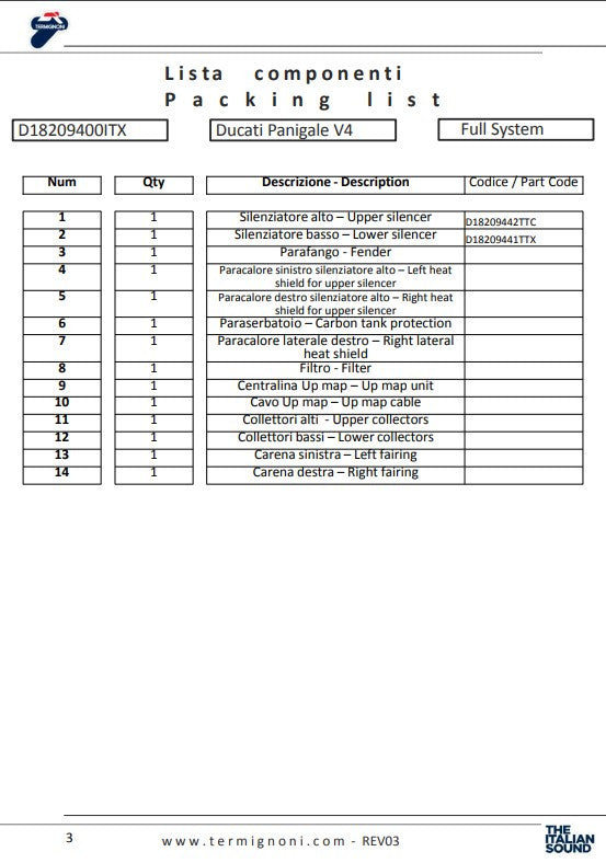 Sistema de escape completo Termignoni Titanium 4USCITE Ducati Panigale V4/S (18-24) D18209401TTX 