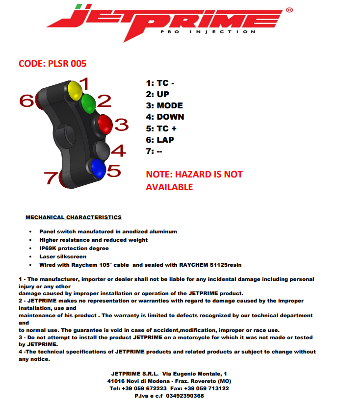 Interruptor de manillar Race izquierdo JetPrime Ducati Panigale 1199/R/S (12-17) JP PLSR 005 