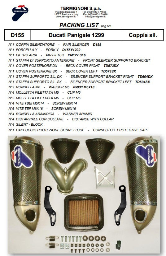 Kit de escape Slip-On Termignoni de carbono para Ducati Panigale 1199/R/S (12-17) D155102CPT+D155Y 