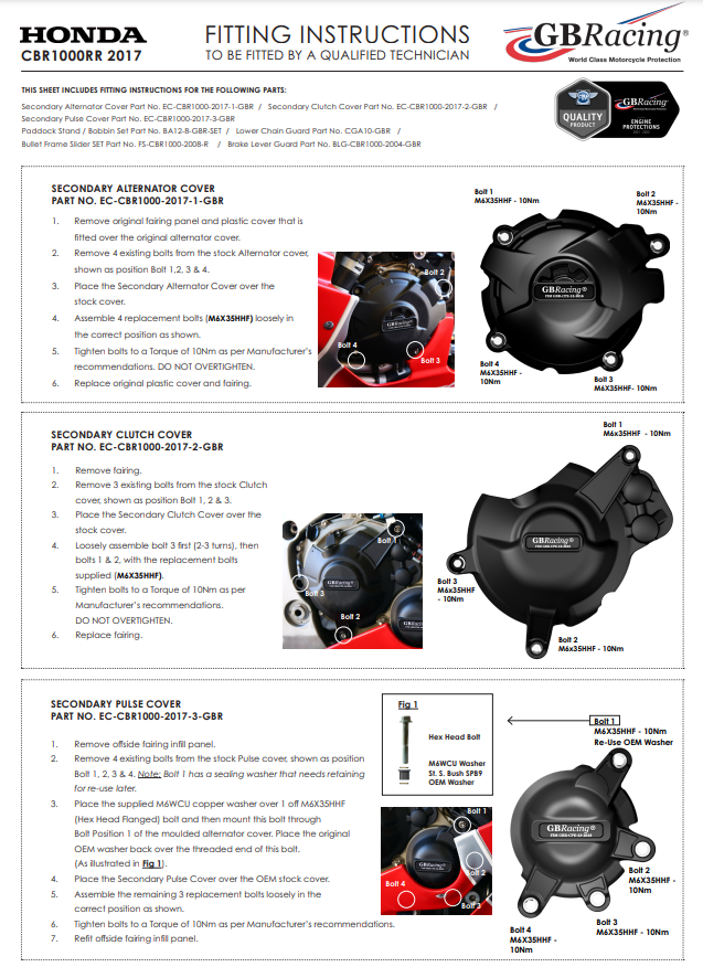 Cubierta de motor Protectores Juego completo GBRacing Honda CBR 1000 RR SC77 (17-19) 