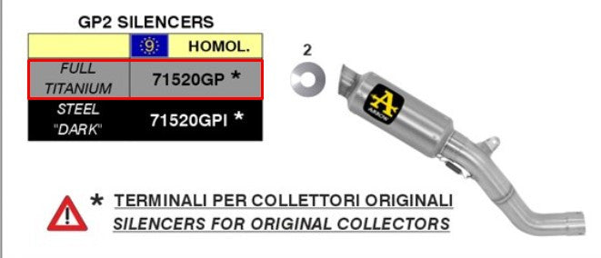 Kit de escape Arrow Slip-On GP2 de titanio para Aprilia RSV4/RR/RF (15-16) 71520GP 