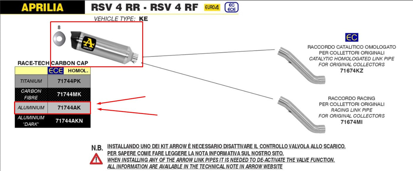 Escape Arrow Slip-On Race-Tech de aluminio para Aprilia RSV4/RR/RF (17-18) 71744AK 