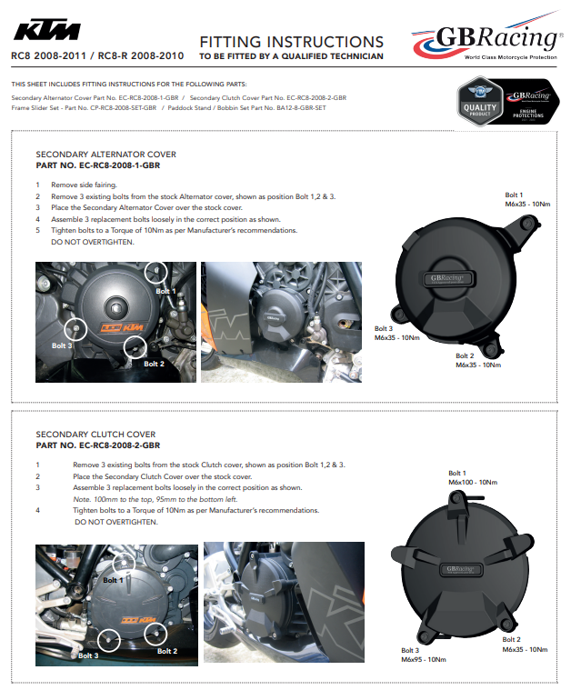 Cubierta de motor Protectores Kit completo GBRacing KTM RC8/R 1190 (08-10) 