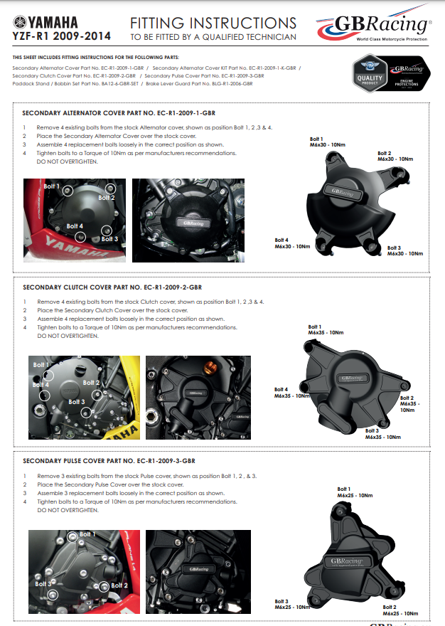 Cubierta de motor Protectores Juego completo GBRacing Yamaha YZF-R1 (09-14) 