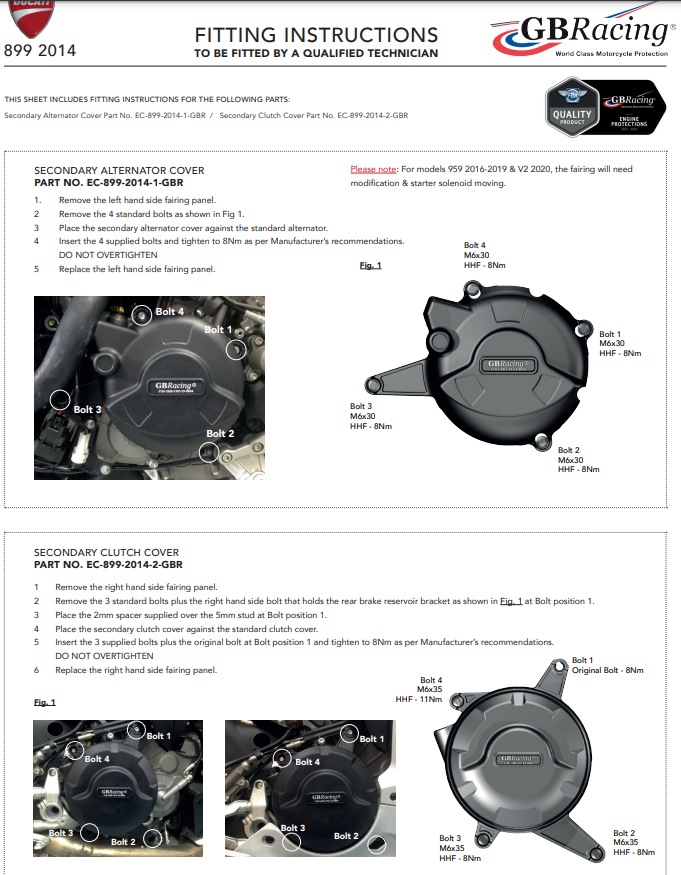Cubierta del motor Protectores Juego completo GBRacing Ducati Panigale 899 (13-16) 